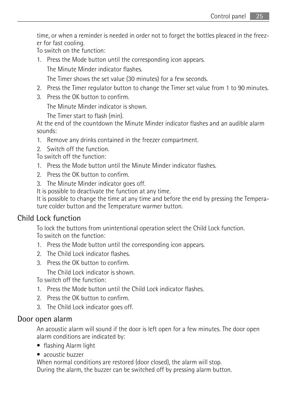 Child lock function, Door open alarm | AEG SKS81000F0 User Manual | Page 25 / 76