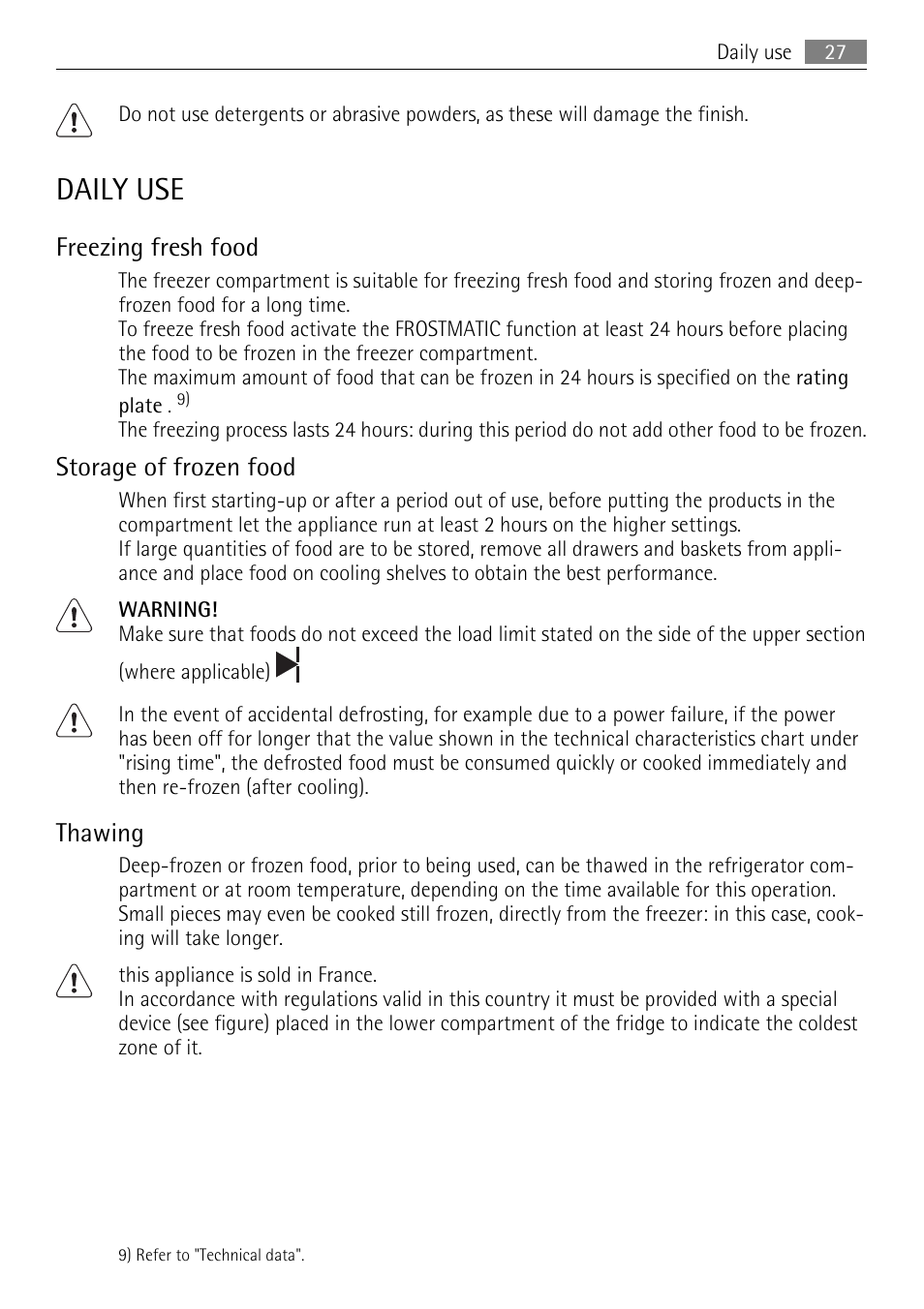 Daily use, Freezing fresh food, Storage of frozen food | Thawing | AEG SKS81000F0 User Manual | Page 27 / 76