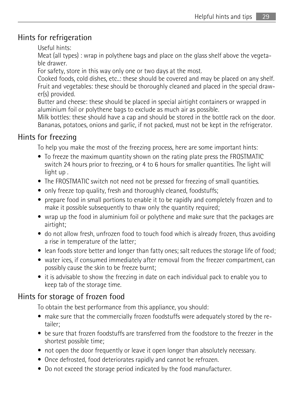 Hints for refrigeration, Hints for freezing, Hints for storage of frozen food | AEG SKS81000F0 User Manual | Page 29 / 76