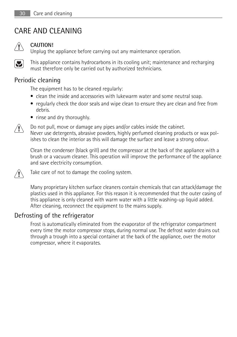 Care and cleaning, Periodic cleaning, Defrosting of the refrigerator | AEG SKS81000F0 User Manual | Page 30 / 76