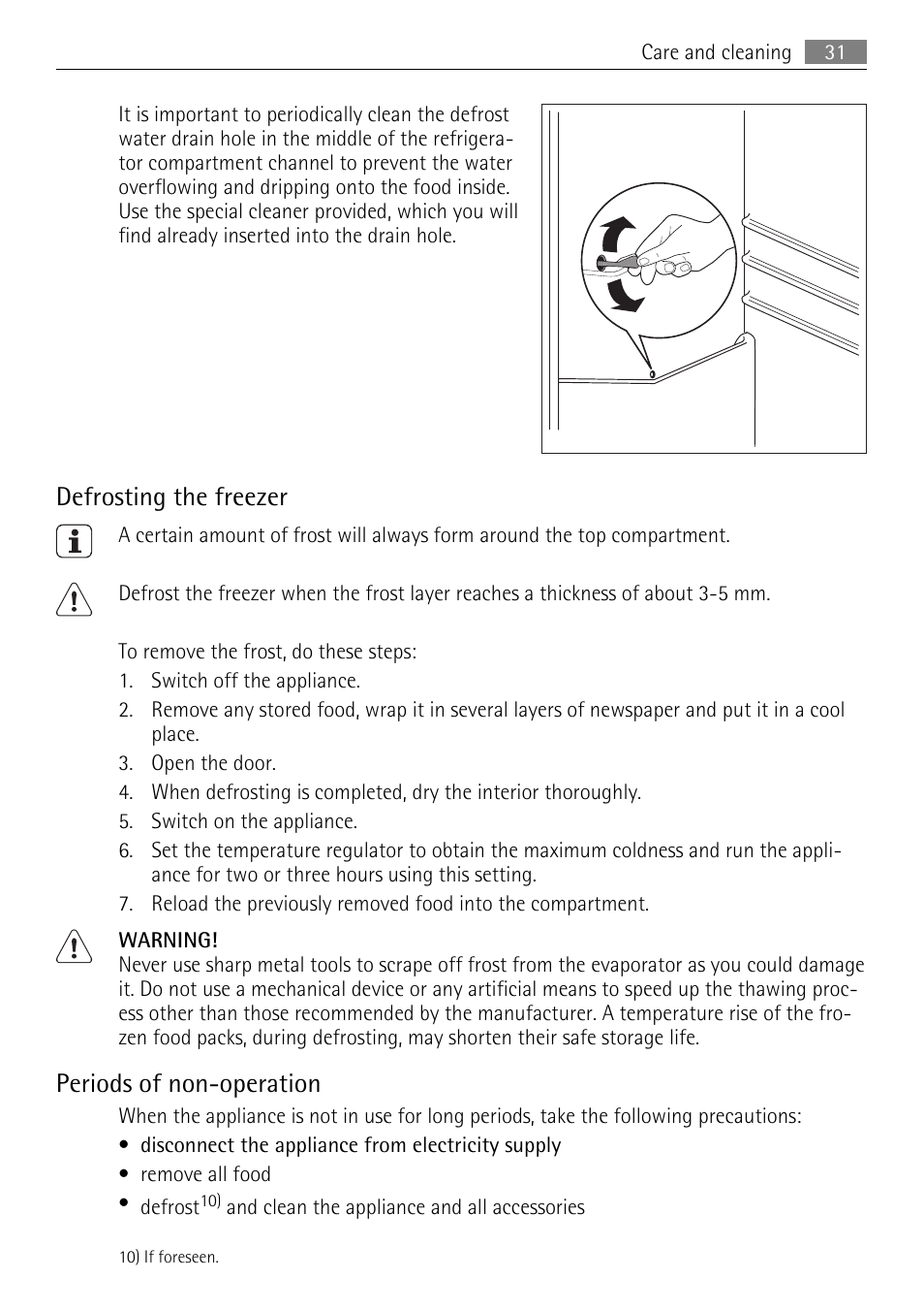 Defrosting the freezer, Periods of non-operation | AEG SKS81000F0 User Manual | Page 31 / 76