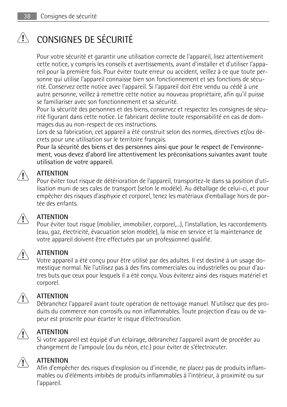 Consignes de sécurité | AEG SKS81000F0 User Manual | Page 38 / 76