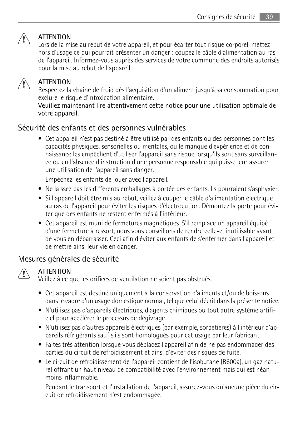 Sécurité des enfants et des personnes vulnérables, Mesures générales de sécurité | AEG SKS81000F0 User Manual | Page 39 / 76