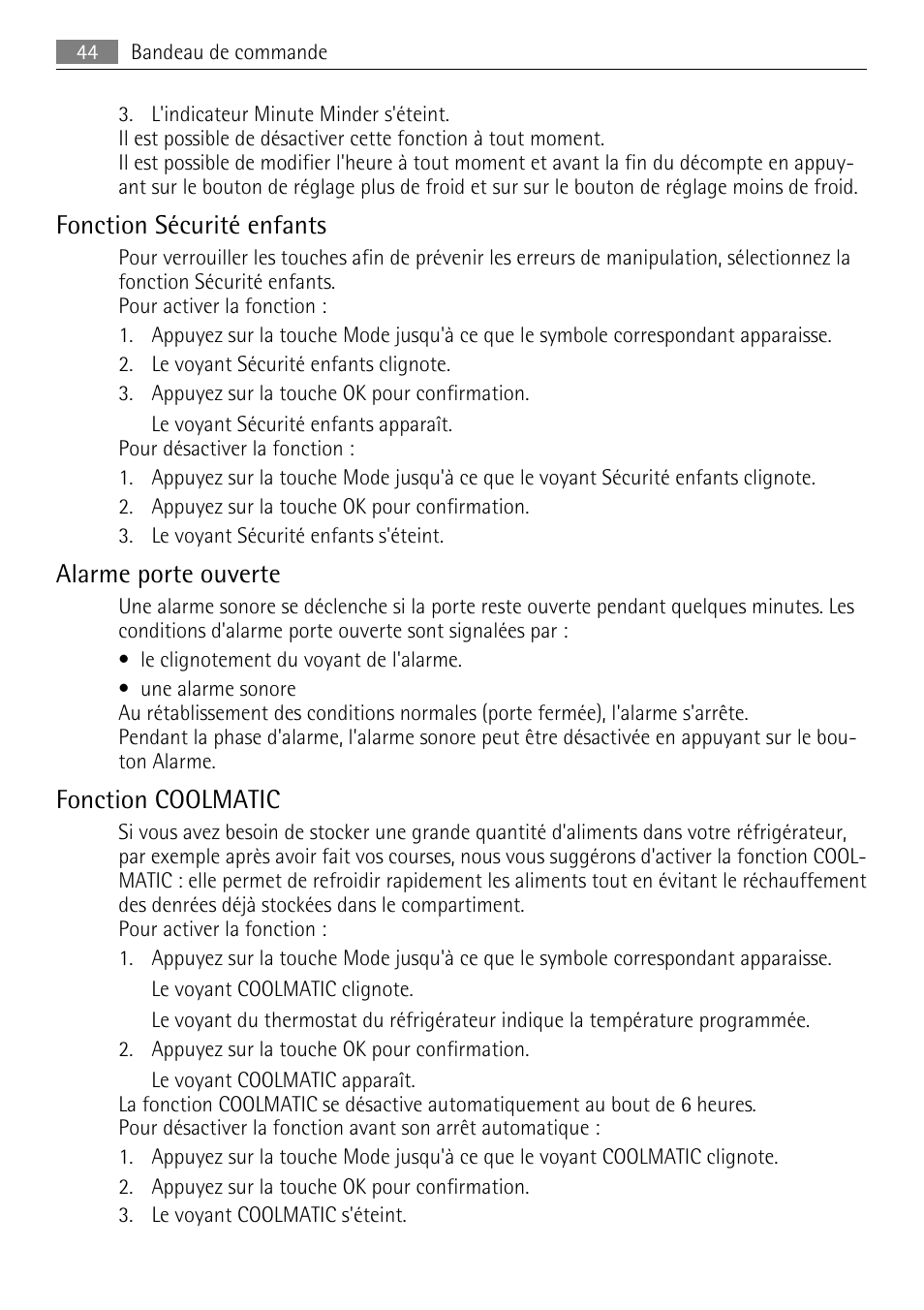 Fonction sécurité enfants, Alarme porte ouverte, Fonction coolmatic | AEG SKS81000F0 User Manual | Page 44 / 76