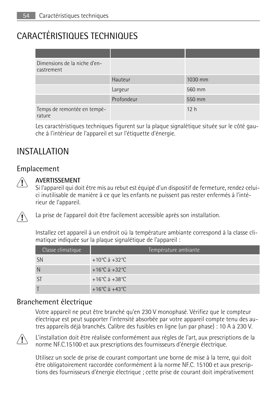Caractéristiques techniques, Installation, Emplacement | Branchement électrique | AEG SKS81000F0 User Manual | Page 54 / 76