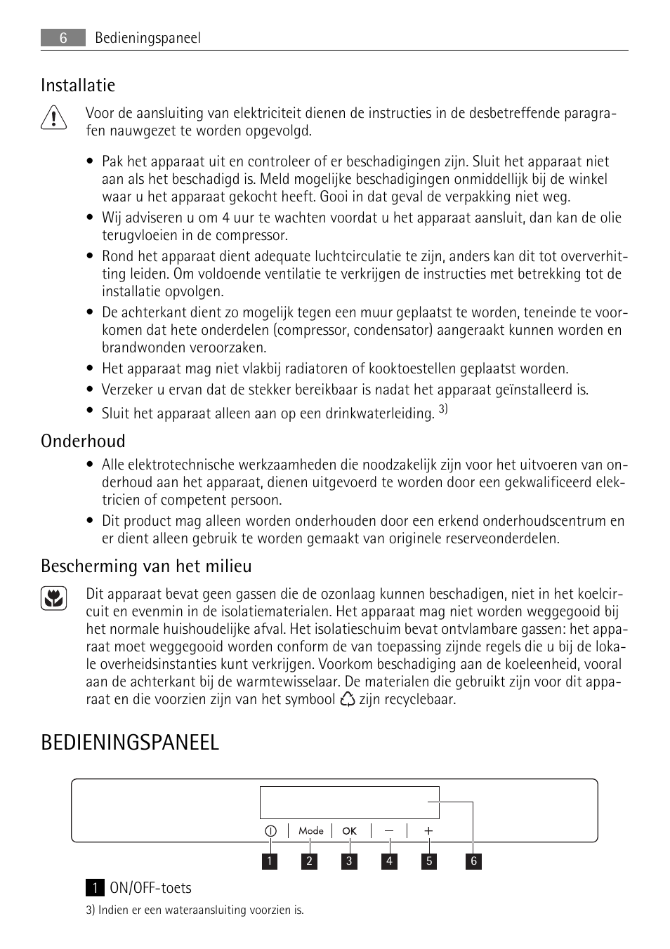 Bedieningspaneel, Installatie, Onderhoud | Bescherming van het milieu | AEG SKS81000F0 User Manual | Page 6 / 76