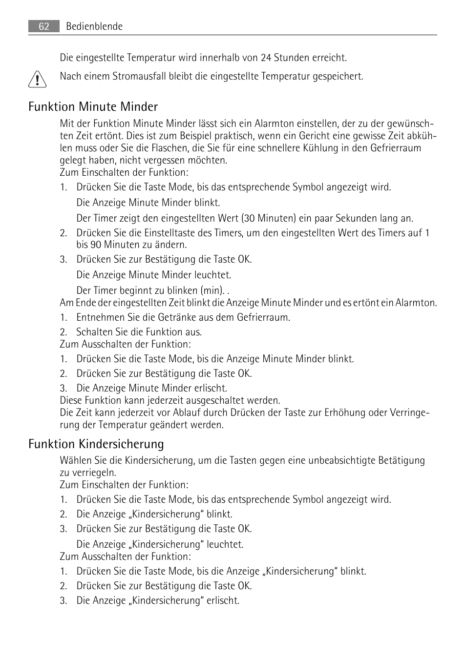 Funktion minute minder, Funktion kindersicherung | AEG SKS81000F0 User Manual | Page 62 / 76