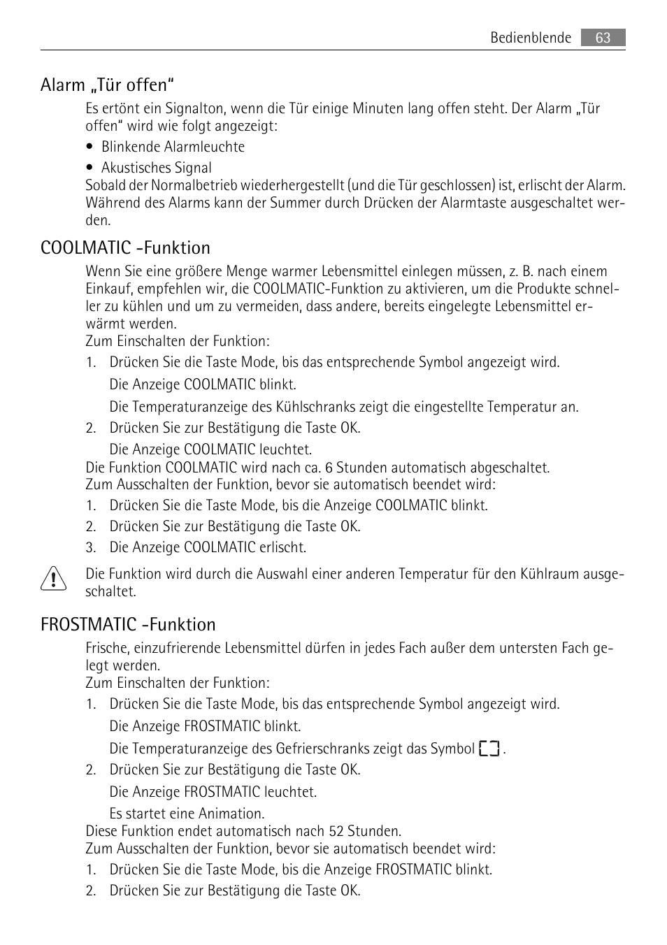 Alarm „tür offen, Coolmatic -funktion, Frostmatic -funktion | AEG SKS81000F0 User Manual | Page 63 / 76