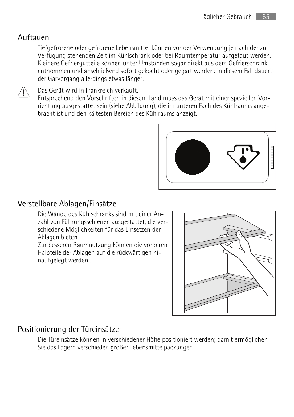 Auftauen, Verstellbare ablagen/einsätze, Positionierung der türeinsätze | AEG SKS81000F0 User Manual | Page 65 / 76