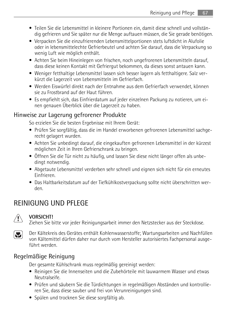 Reinigung und pflege, Hinweise zur lagerung gefrorener produkte, Regelmäßige reinigung | AEG SKS81000F0 User Manual | Page 67 / 76