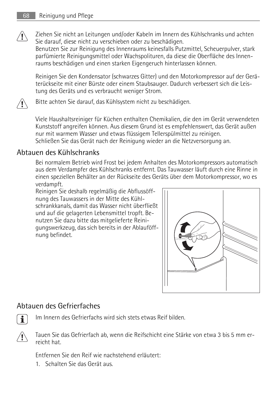 Abtauen des kühlschranks, Abtauen des gefrierfaches | AEG SKS81000F0 User Manual | Page 68 / 76