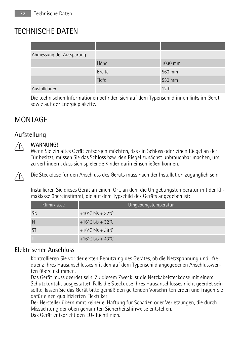 Technische daten, Montage, Aufstellung | Elektrischer anschluss | AEG SKS81000F0 User Manual | Page 72 / 76