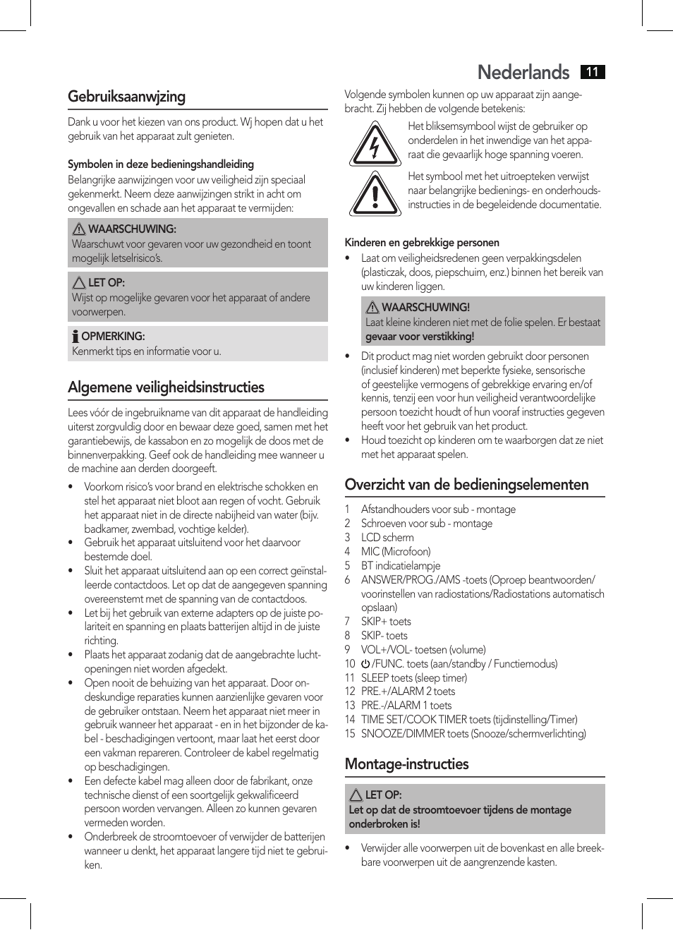 Nederlands, Gebruiksaanwjzing, Algemene veiligheidsinstructies | Overzicht van de bedieningselementen, Montage-instructies | AEG KRC 4361 BT User Manual | Page 11 / 62