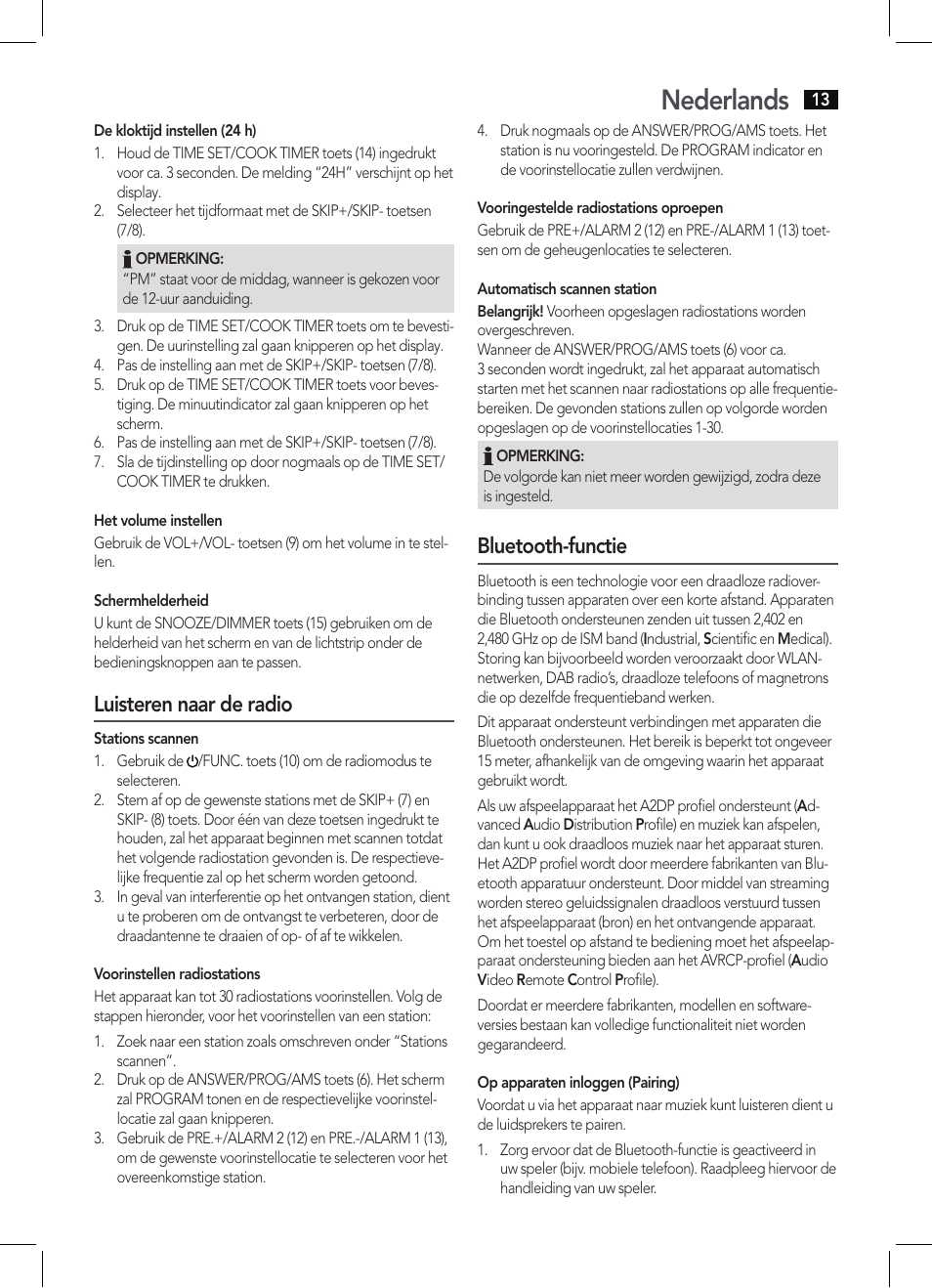 Nederlands, Luisteren naar de radio, Bluetooth-functie | AEG KRC 4361 BT User Manual | Page 13 / 62