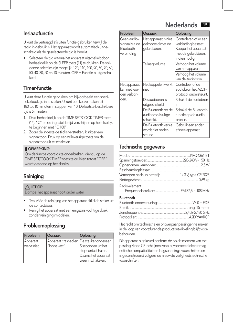 Nederlands, Inslaapfunctie, Timer-functie | Reiniging, Probleemoplossing, Technische gegevens | AEG KRC 4361 BT User Manual | Page 15 / 62