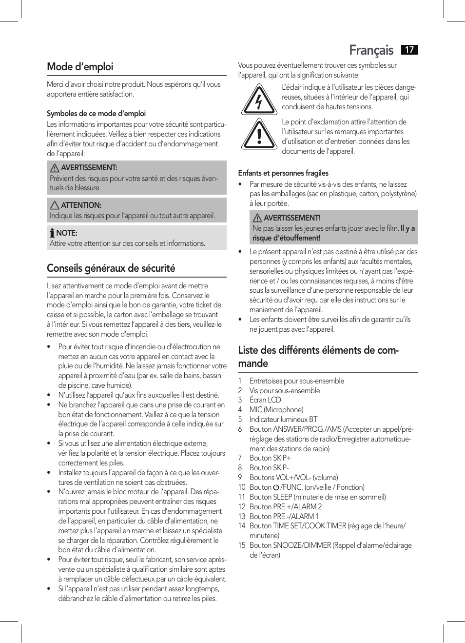 Français, Mode d’emploi, Conseils généraux de sécurité | Liste des différents éléments de com- mande | AEG KRC 4361 BT User Manual | Page 17 / 62