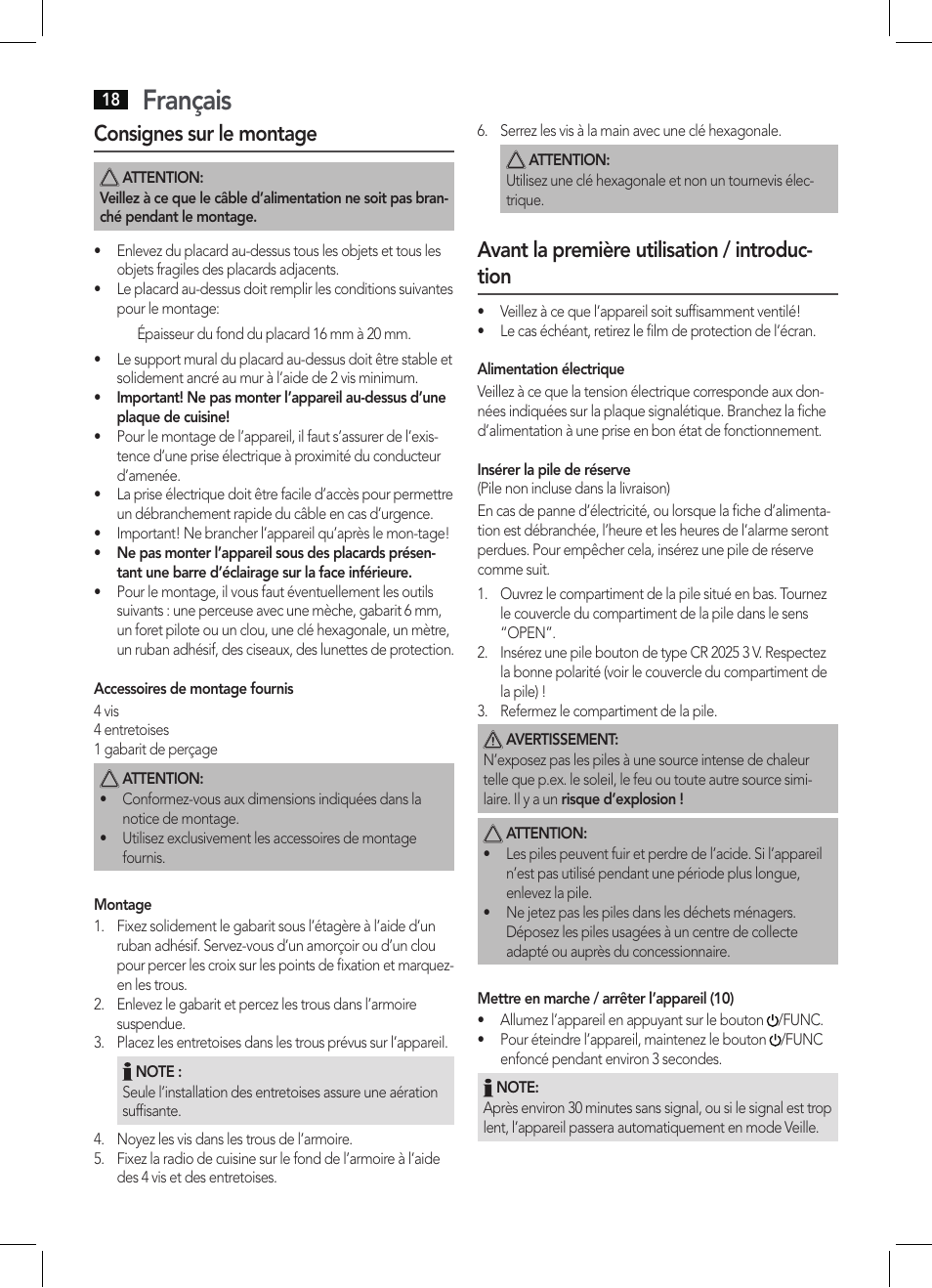 Français, Consignes sur le montage, Avant la première utilisation / introduc- tion | AEG KRC 4361 BT User Manual | Page 18 / 62