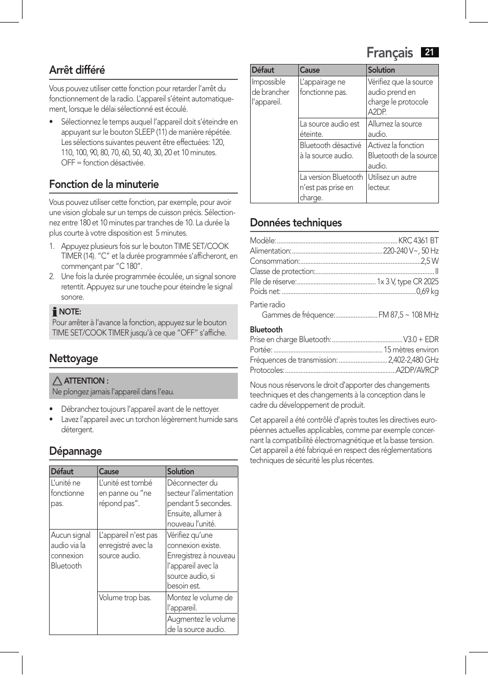 Français, Arrêt différé, Fonction de la minuterie | Nettoyage, Dépannage, Données techniques | AEG KRC 4361 BT User Manual | Page 21 / 62