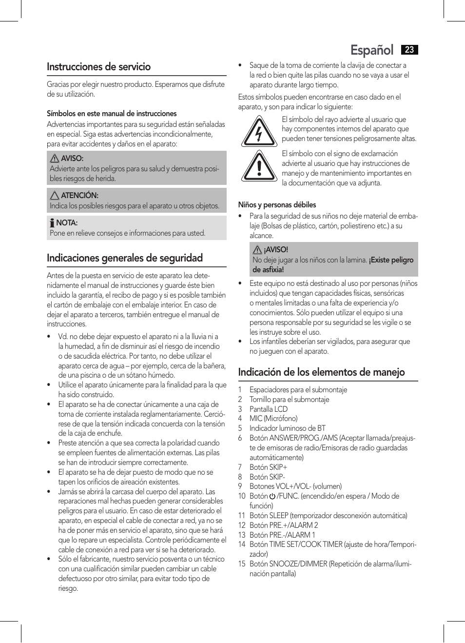 Español, Instrucciones de servicio, Indicaciones generales de seguridad | Indicación de los elementos de manejo | AEG KRC 4361 BT User Manual | Page 23 / 62