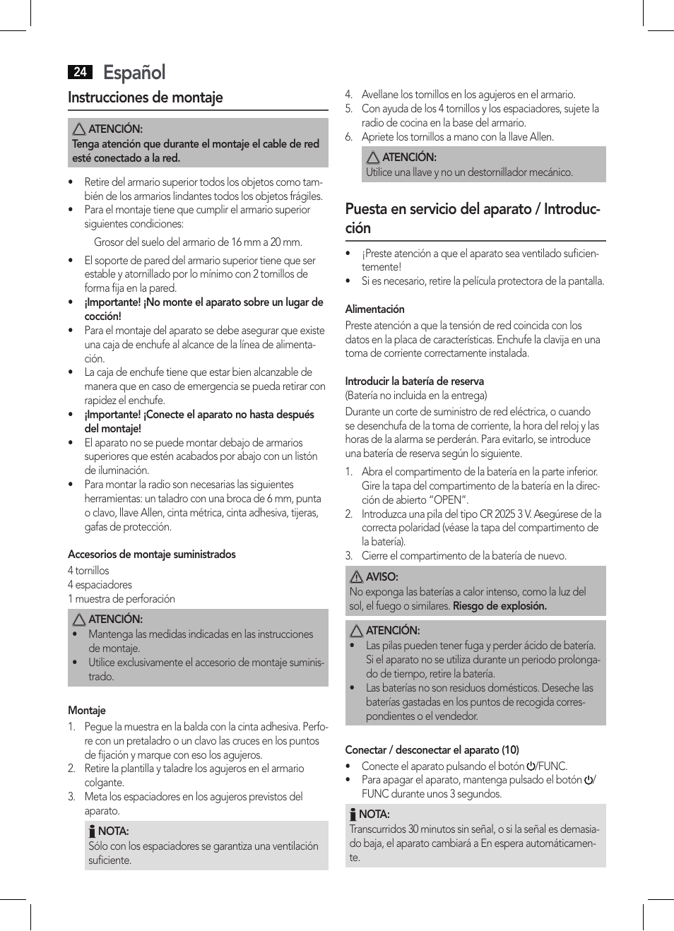 Español, Instrucciones de montaje, Puesta en servicio del aparato / introduc- ción | AEG KRC 4361 BT User Manual | Page 24 / 62