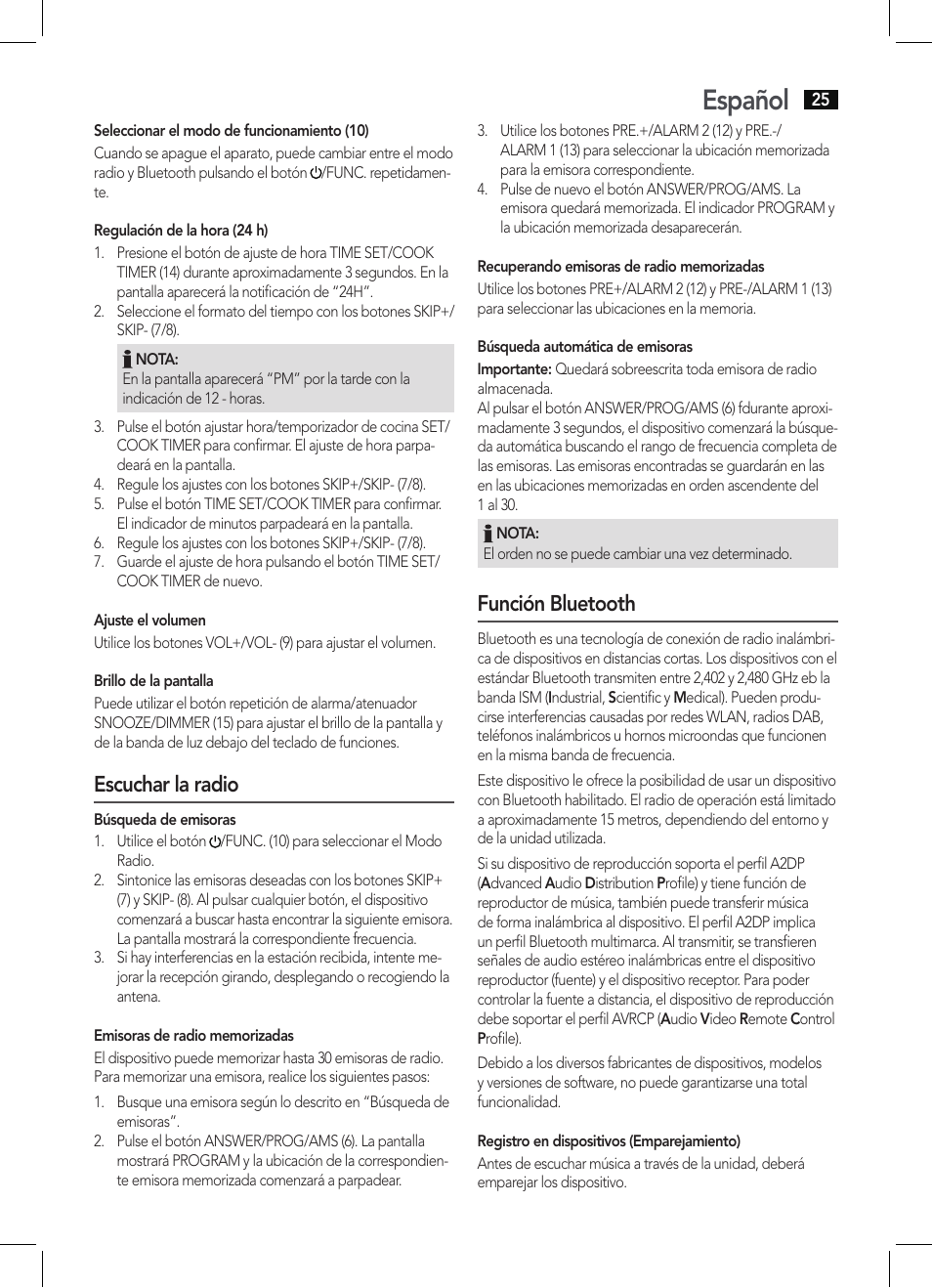 Español, Escuchar la radio, Función bluetooth | AEG KRC 4361 BT User Manual | Page 25 / 62
