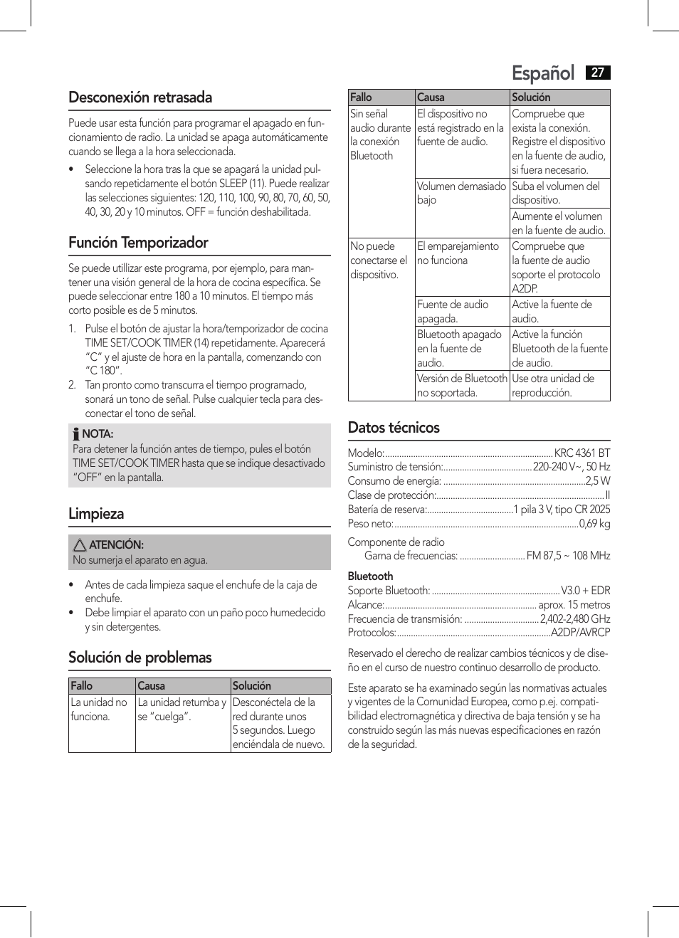 Español, Desconexión retrasada, Función temporizador | Limpieza, Solución de problemas, Datos técnicos | AEG KRC 4361 BT User Manual | Page 27 / 62