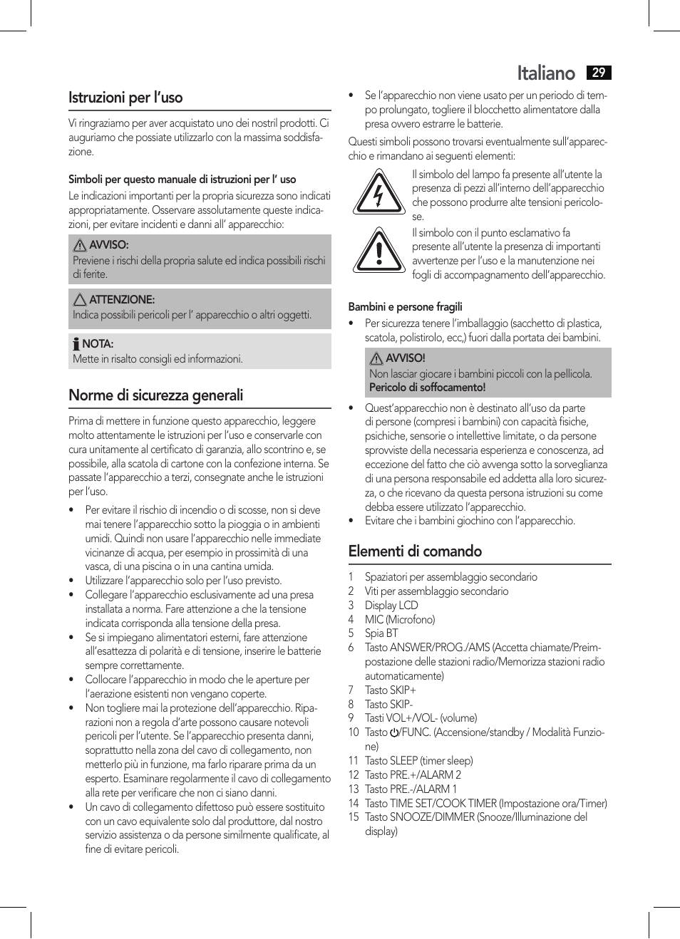 Italiano, Istruzioni per l’uso, Norme di sicurezza generali | Elementi di comando | AEG KRC 4361 BT User Manual | Page 29 / 62
