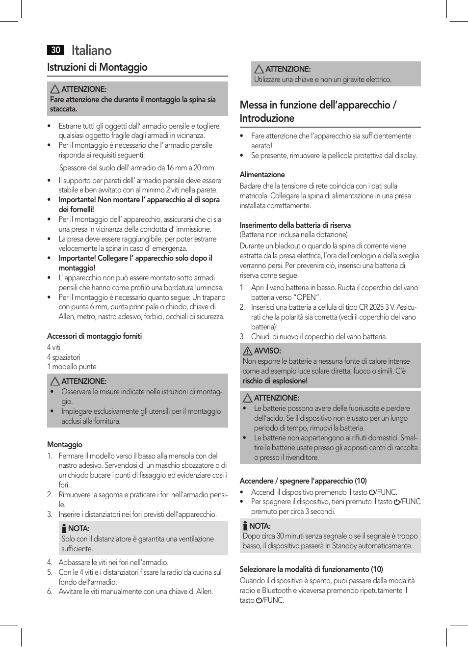 Italiano, Istruzioni di montaggio, Messa in funzione dell’apparecchio / introduzione | AEG KRC 4361 BT User Manual | Page 30 / 62