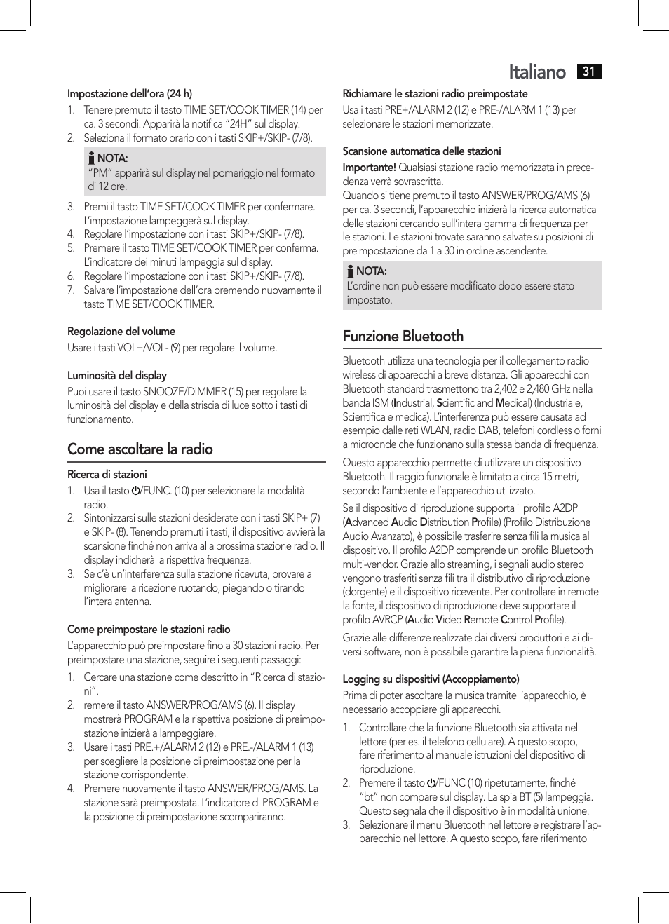 Italiano, Come ascoltare la radio, Funzione bluetooth | AEG KRC 4361 BT User Manual | Page 31 / 62