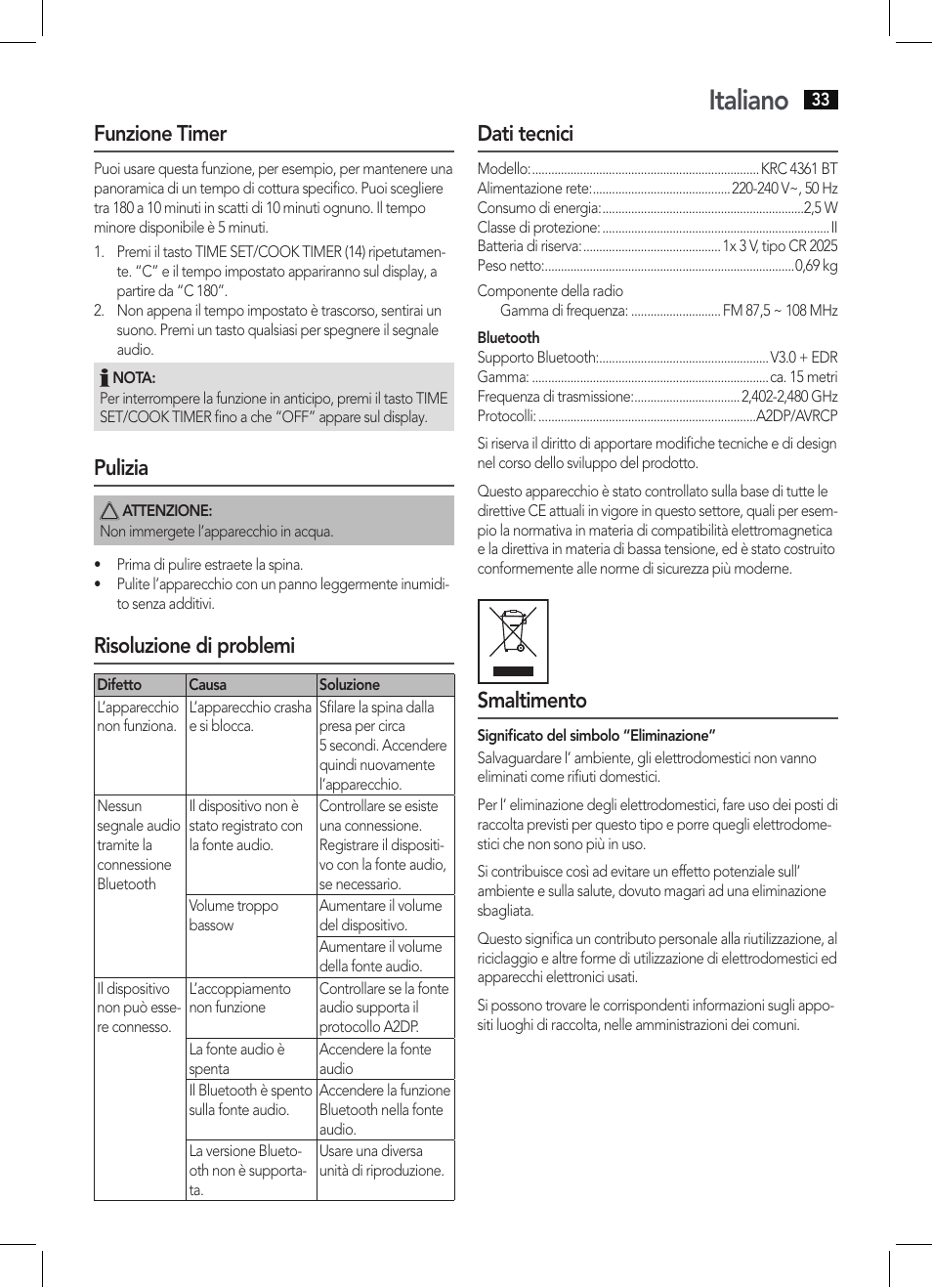 Italiano, Funzione timer, Pulizia | Risoluzione di problemi, Dati tecnici, Smaltimento | AEG KRC 4361 BT User Manual | Page 33 / 62