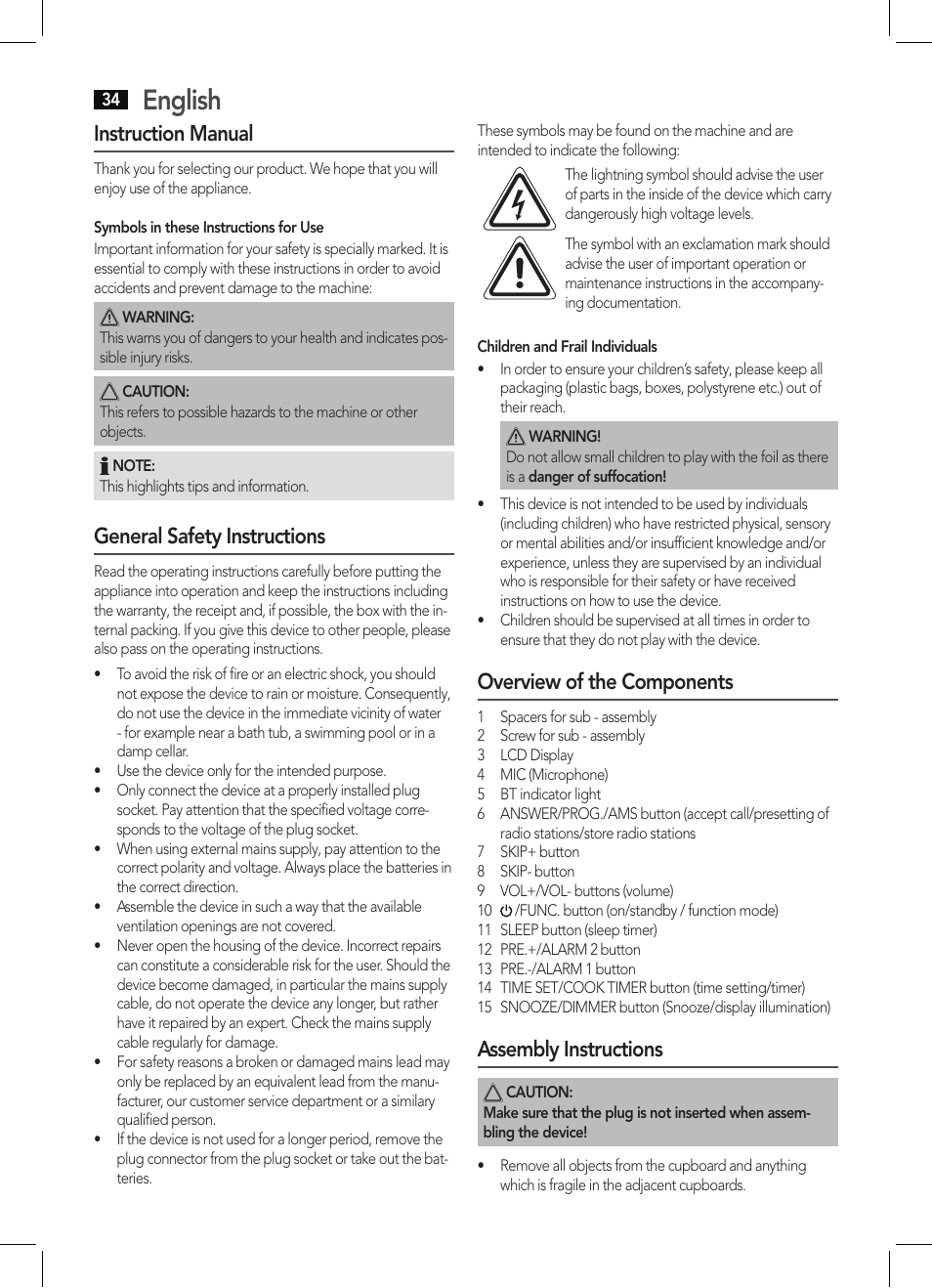 English, Instruction manual, General safety instructions | Overview of the components, Assembly instructions | AEG KRC 4361 BT User Manual | Page 34 / 62