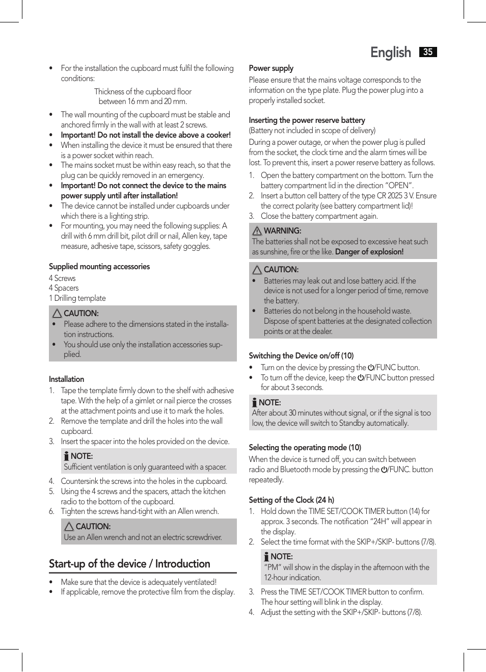 English, Start-up of the device / introduction | AEG KRC 4361 BT User Manual | Page 35 / 62