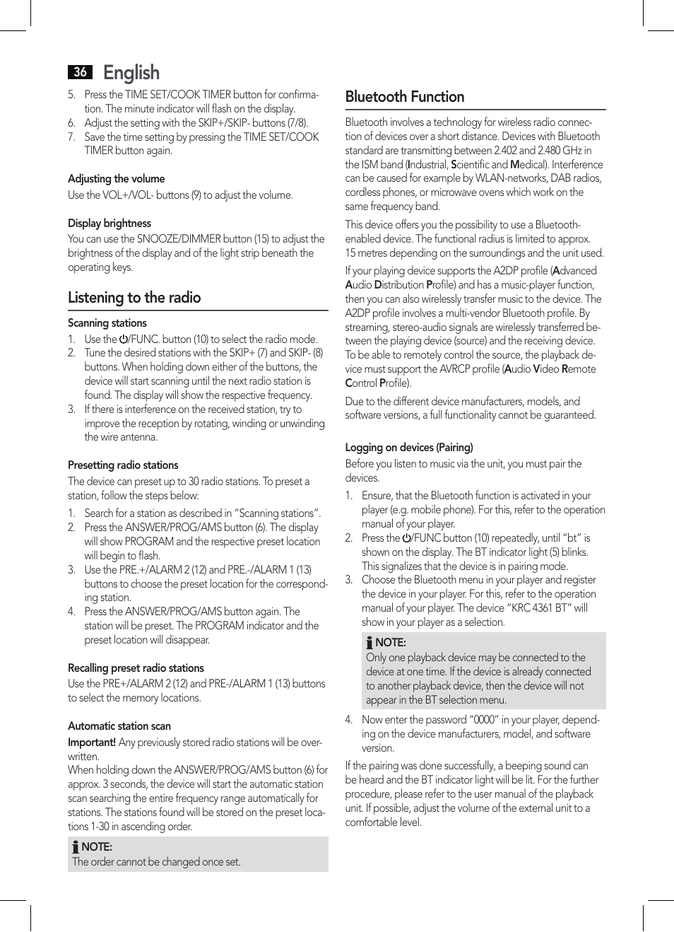 English, Listening to the radio, Bluetooth function | AEG KRC 4361 BT User Manual | Page 36 / 62