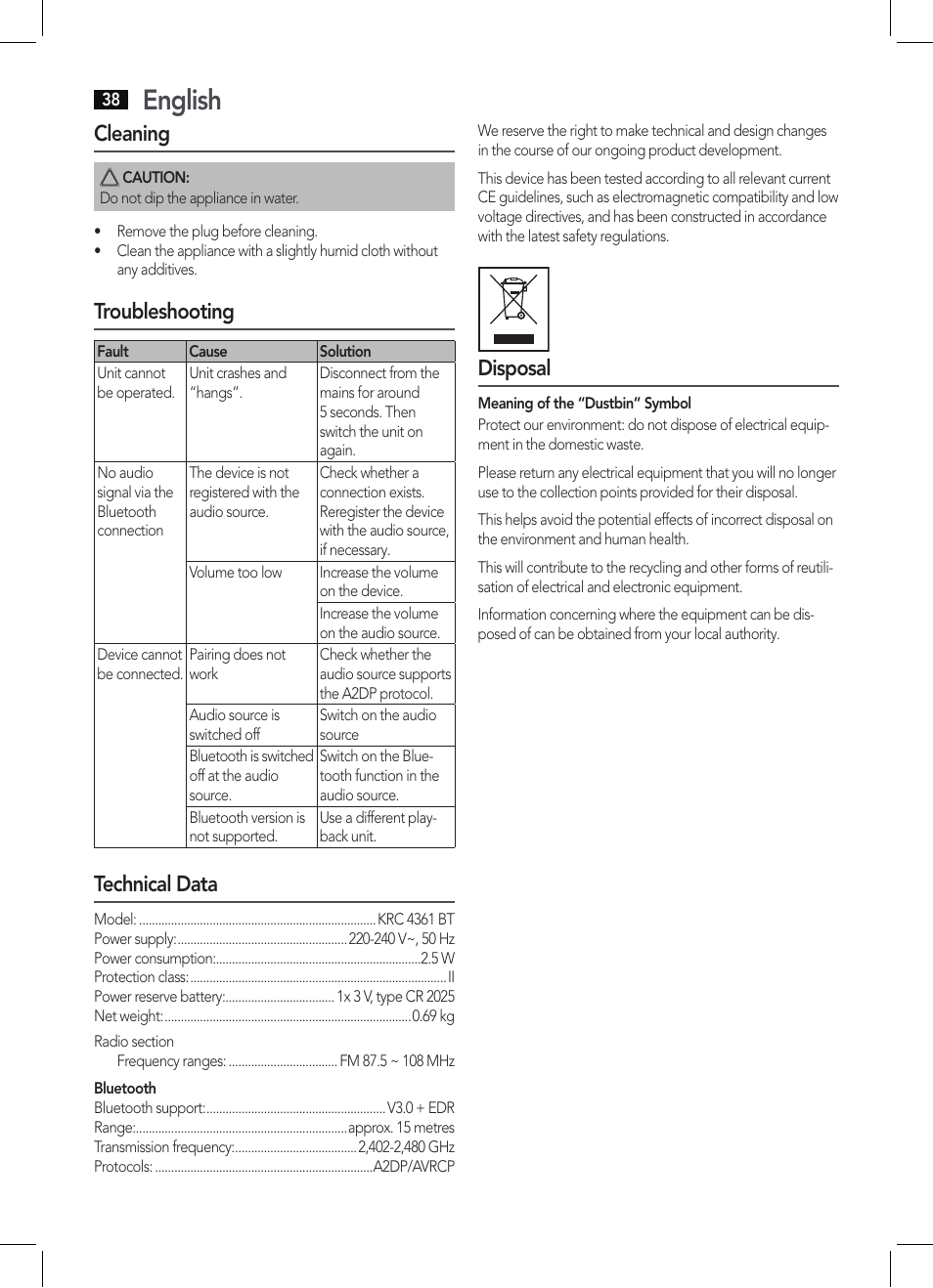 English, Cleaning, Troubleshooting | Technical data, Disposal | AEG KRC 4361 BT User Manual | Page 38 / 62