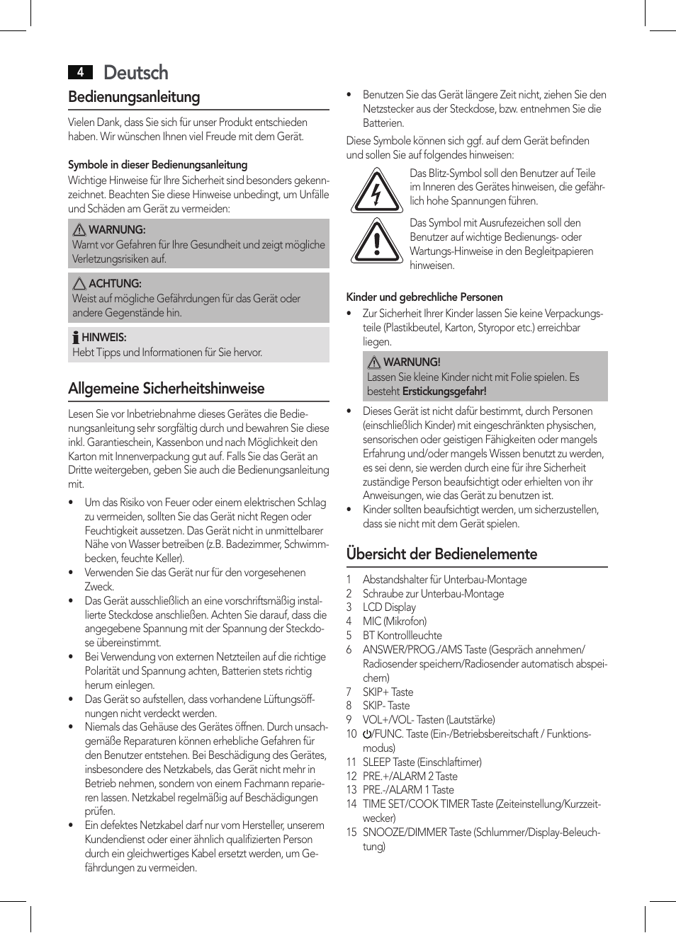 Deutsch, Bedienungsanleitung, Allgemeine sicherheitshinweise | Übersicht der bedienelemente | AEG KRC 4361 BT User Manual | Page 4 / 62