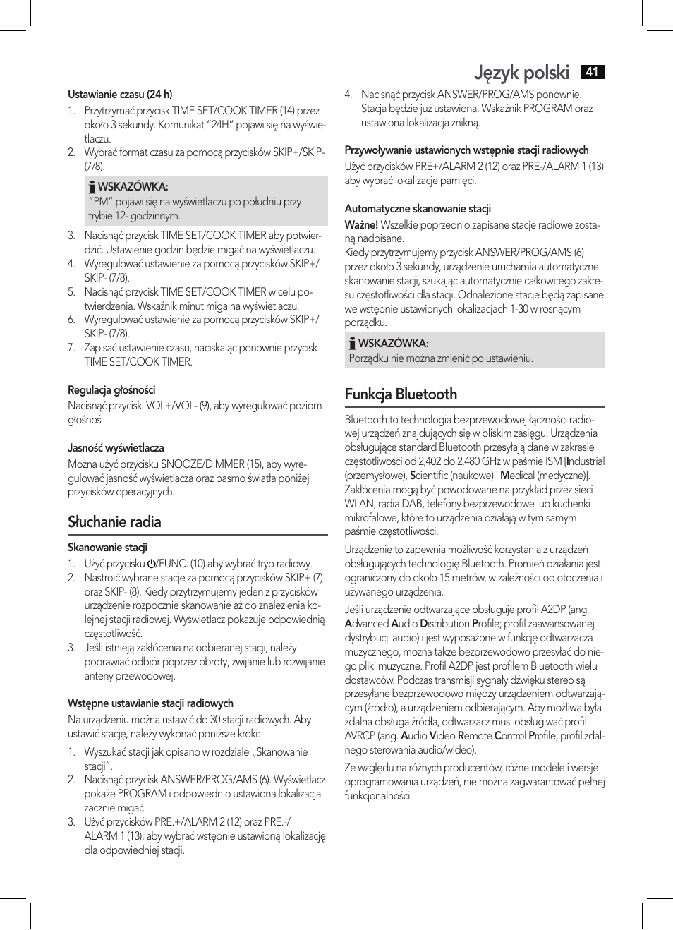 Język polski, Słuchanie radia, Funkcja bluetooth | AEG KRC 4361 BT User Manual | Page 41 / 62