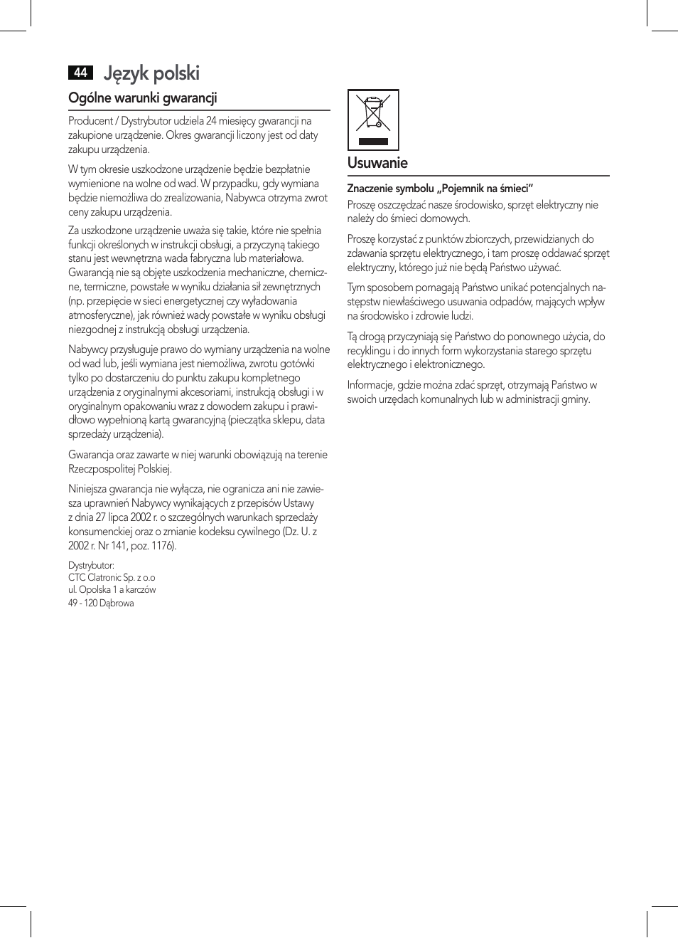 Język polski | AEG KRC 4361 BT User Manual | Page 44 / 62