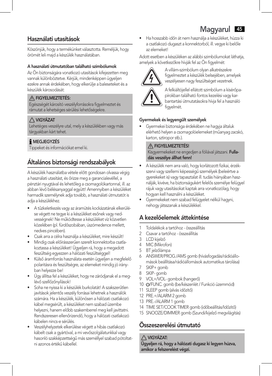 Magyarul, Használati utasítások, Általános biztonsági rendszabályok | A kezelőelemek áttekintése, Összeszerelési útmutató | AEG KRC 4361 BT User Manual | Page 45 / 62