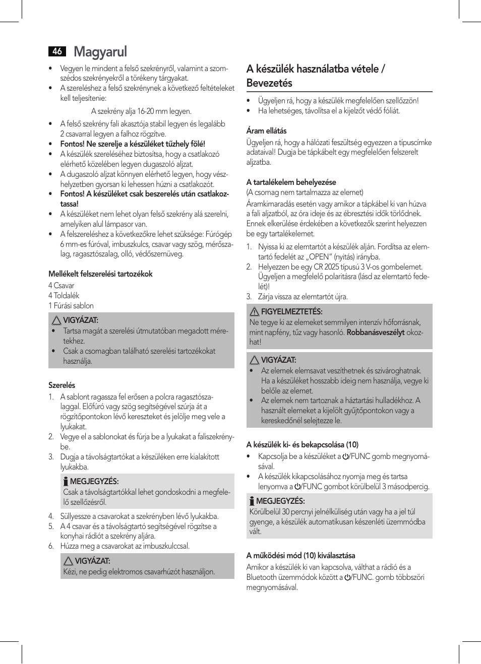 Magyarul, A készülék használatba vétele / bevezetés | AEG KRC 4361 BT User Manual | Page 46 / 62