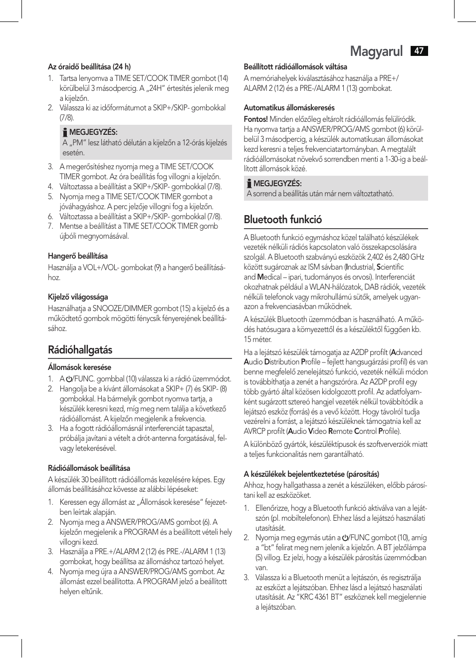 Magyarul, Rádióhallgatás, Bluetooth funkció | AEG KRC 4361 BT User Manual | Page 47 / 62