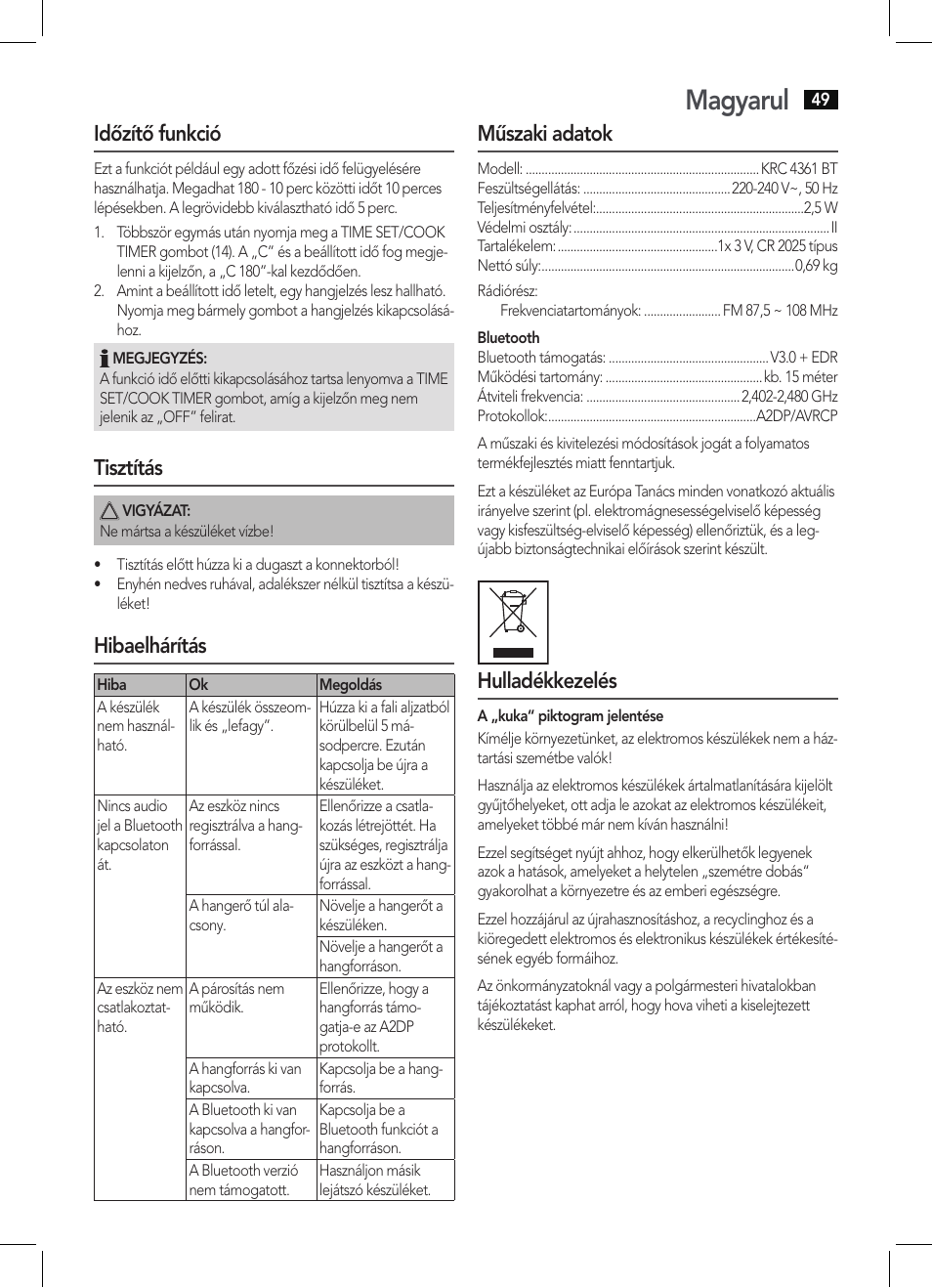 Magyarul, Időzítő funkció, Tisztítás | Hibaelhárítás, Műszaki adatok, Hulladékkezelés | AEG KRC 4361 BT User Manual | Page 49 / 62