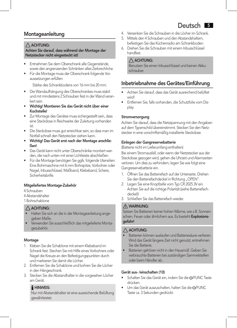 Deutsch, Montageanleitung, Inbetriebnahme des gerätes/einführung | AEG KRC 4361 BT User Manual | Page 5 / 62