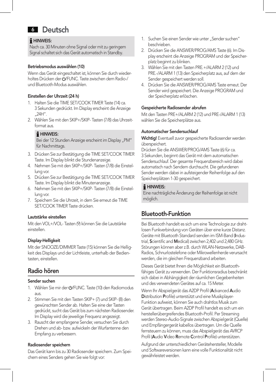 Deutsch, Radio hören, Bluetooth-funktion | AEG KRC 4361 BT User Manual | Page 6 / 62