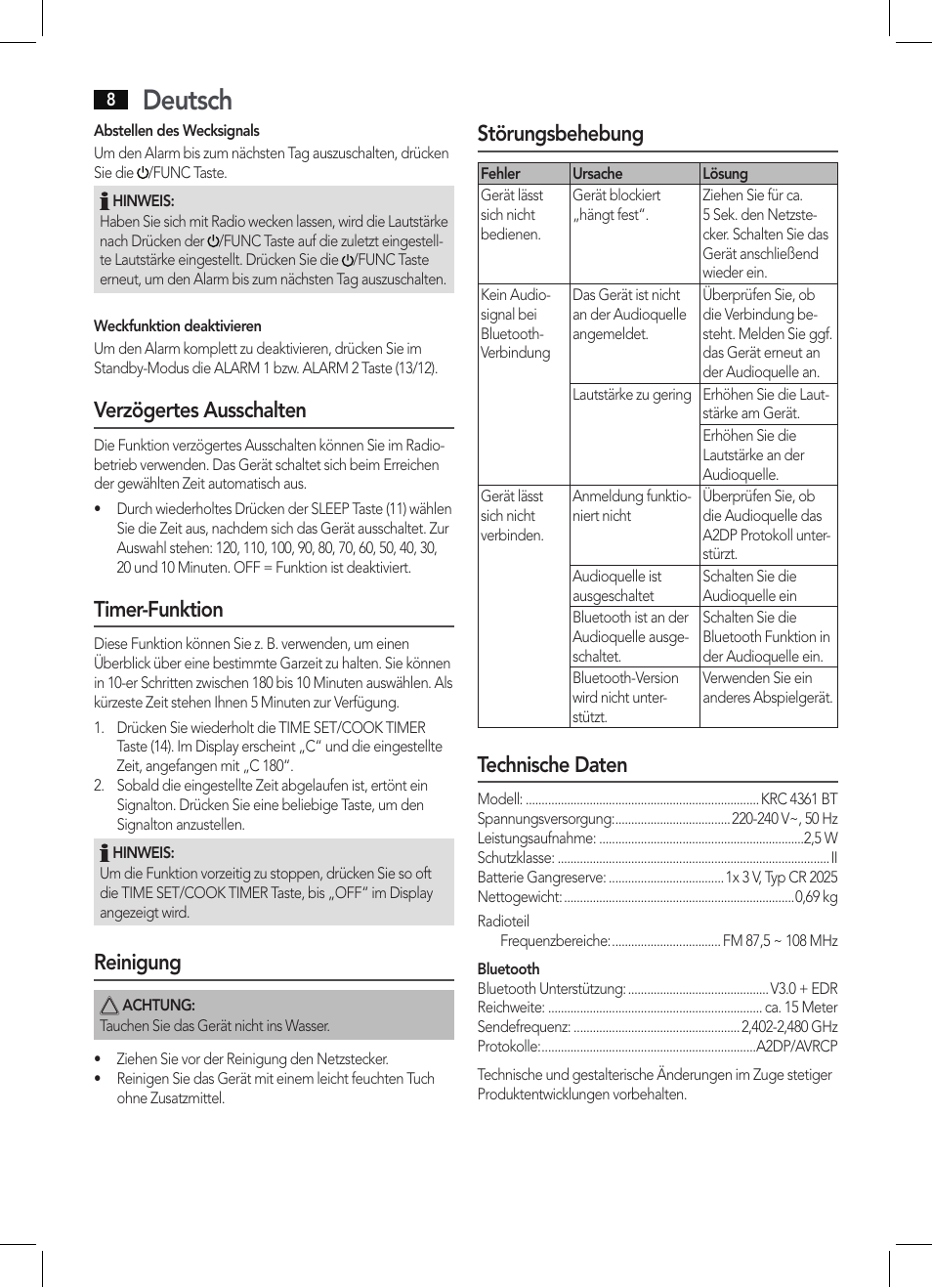 Deutsch, Verzögertes ausschalten, Timer-funktion | Reinigung, Störungsbehebung, Technische daten | AEG KRC 4361 BT User Manual | Page 8 / 62
