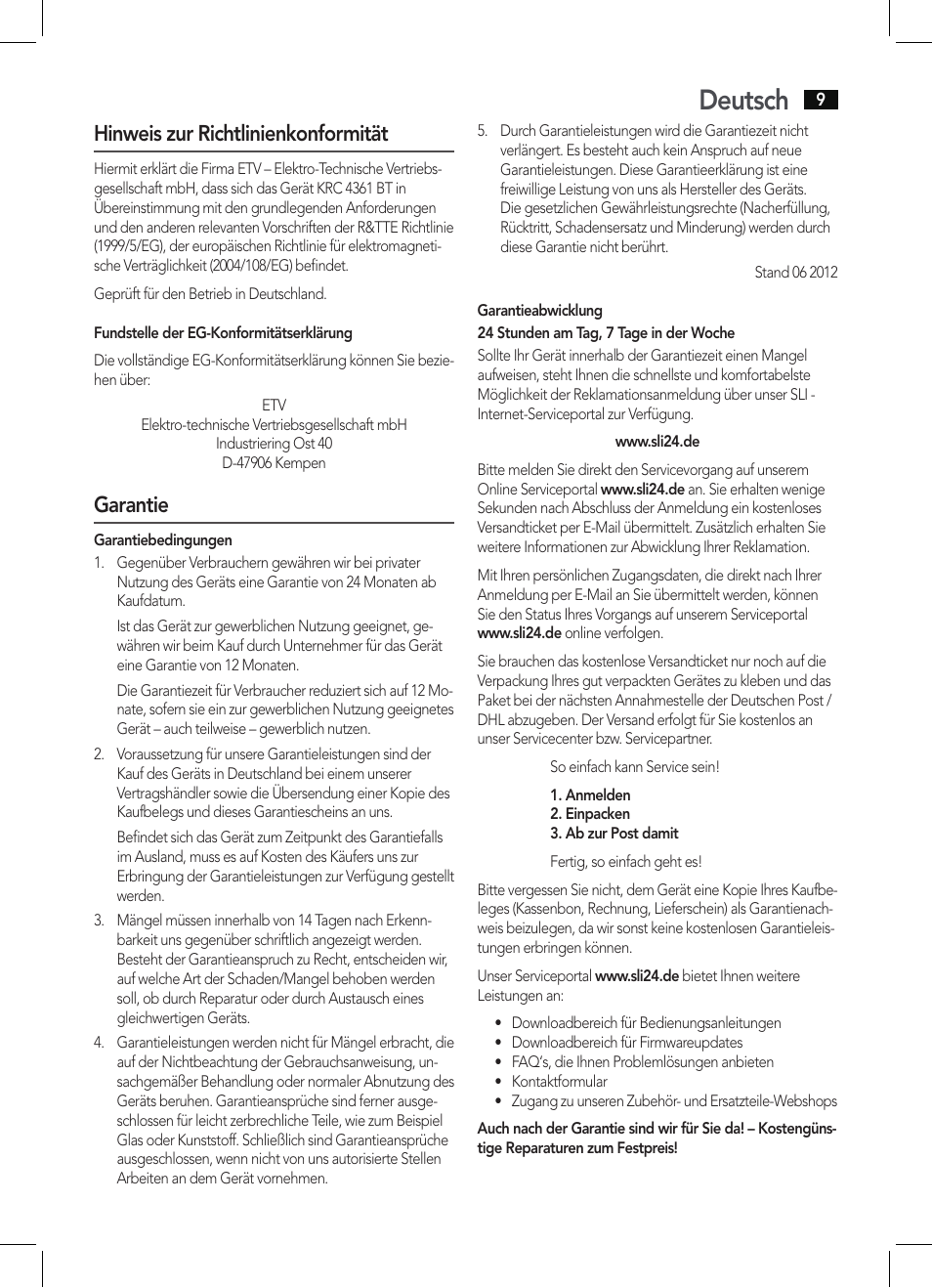 Deutsch, Hinweis zur richtlinienkonformität, Garantie | AEG KRC 4361 BT User Manual | Page 9 / 62