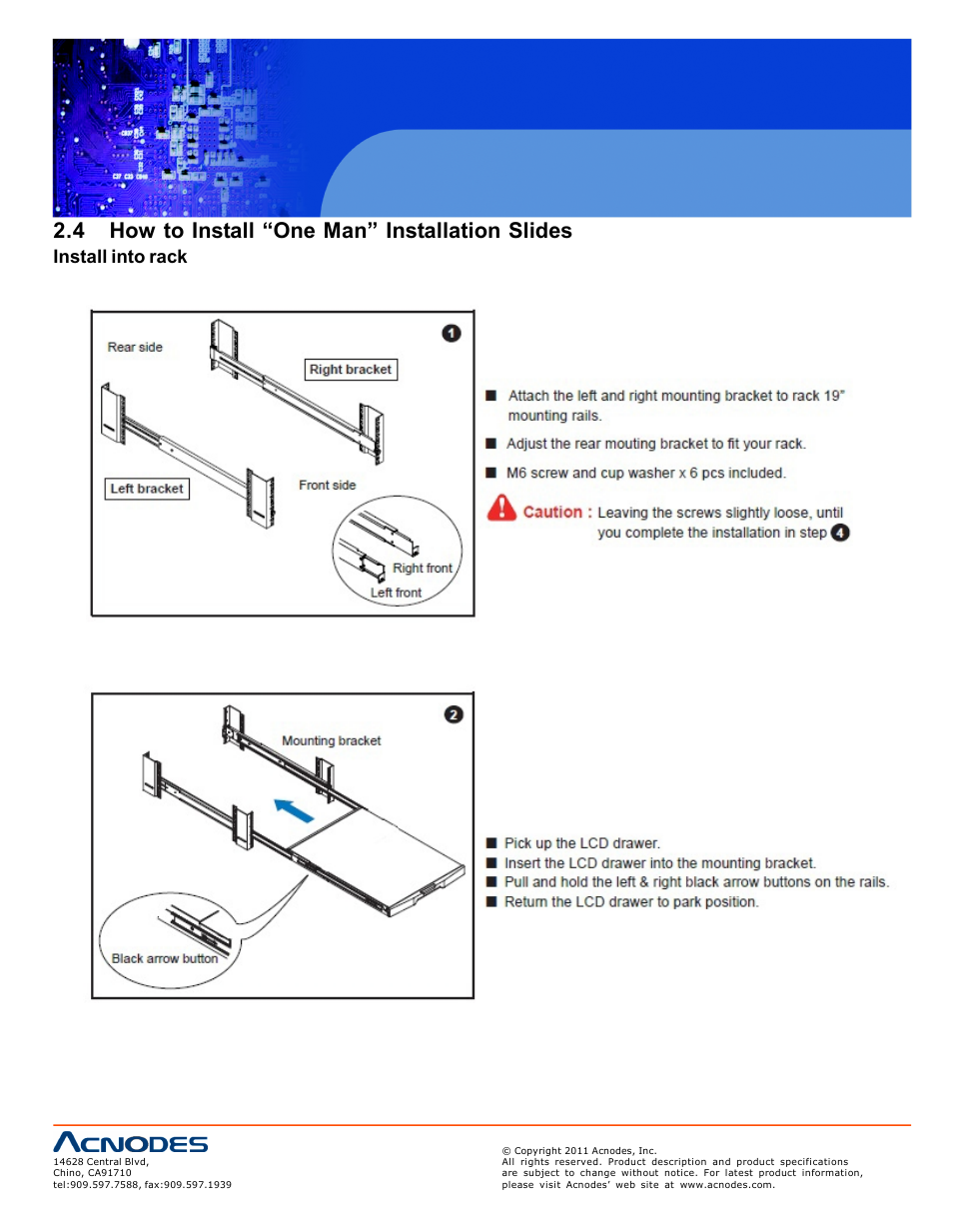 4 how to install “one man” installation slides, Install into rack | Acnodes RP 1170 User Manual | Page 10 / 23