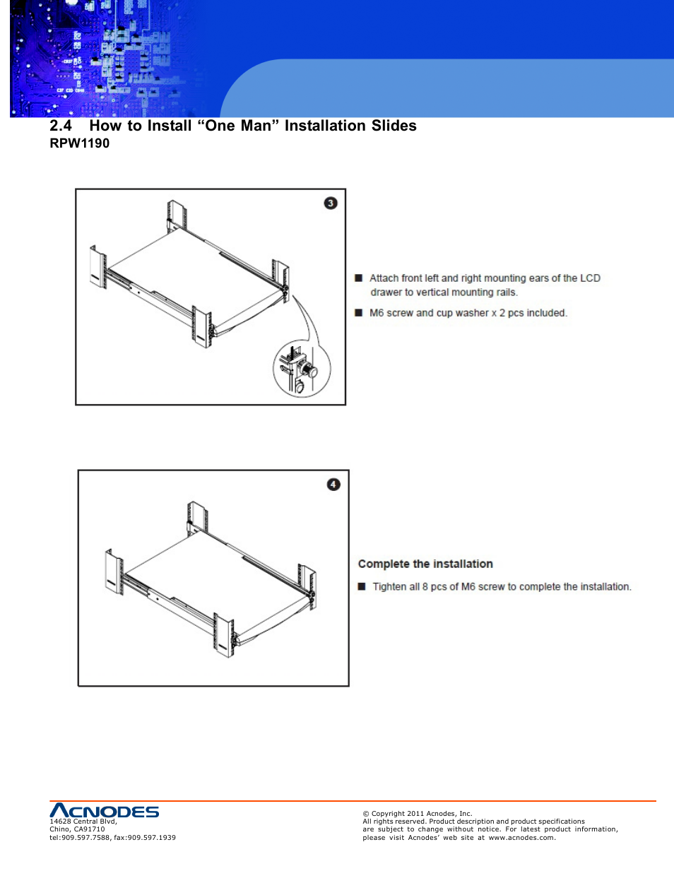 4 how to install “one man” installation slides, Rpw1190 | Acnodes RP 1170 User Manual | Page 11 / 23