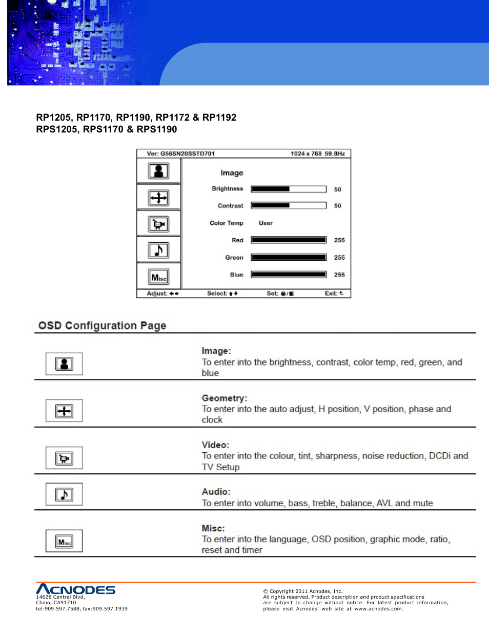 2 on-screen menu | Acnodes RP 1170 User Manual | Page 15 / 23