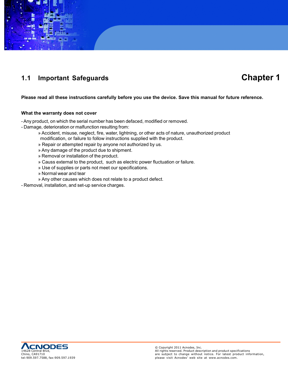 Chapter 1, 1 important safeguards | Acnodes RP 1170 User Manual | Page 3 / 23