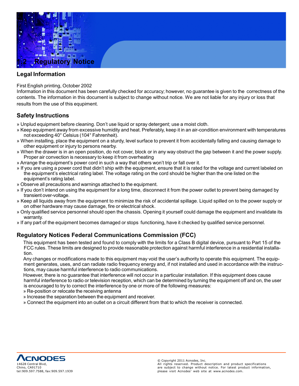 2 regulatory notice, Legal information, Safety instructions | Acnodes RP 1170 User Manual | Page 4 / 23